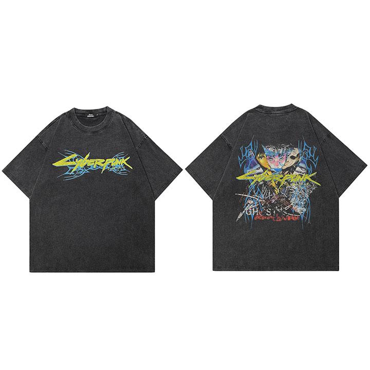 Hip Hop Faded Black TShirt Streetwear Anime Cartoon Devil Graphic T Shirt Printed Men Tshirt Cotton Tops Tees Hipster
