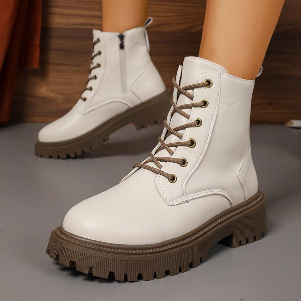 Women'S Casual Retro Lace Up Thick Soled Soft Leather Ankle Boots British Short Boots Women'S Boots Wide Botas Invierno Mujer