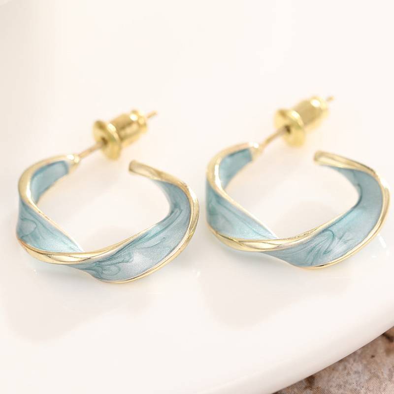 

Huitan Aesthetic Blue Enamel Twist Design Women Hoop Earrings Gold Color Wedding Engagement Accessories Charming Zircon Gift