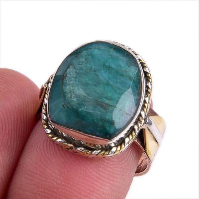 Emerald(Simulated) Handmade 925 Sterling Silver Jewelry Two Tone Ring S.7 j2S24