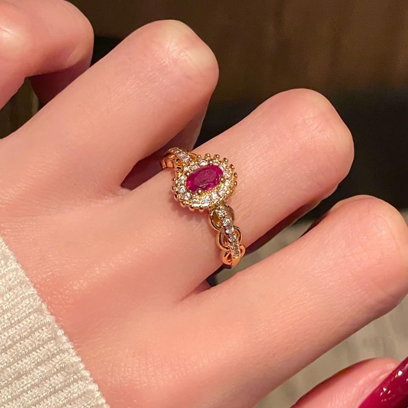 Medieval Retro Fashion Gold Open Ring Niche Red Zircon Personality Light Luxury High-End Accessories Women