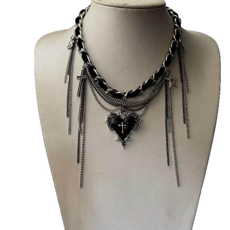 Stylish Red Heart-Star Leather Necklace with Tassel