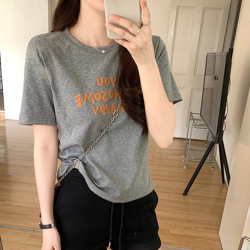 

Women s Korean Style Embroidered Floral Short-Sleeve Slim T-Shirt Small