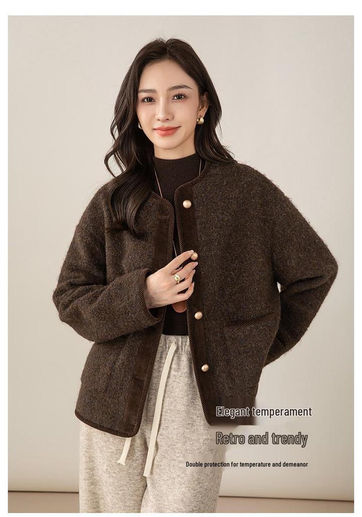 Xinge Women's 2025 Autumn/Winter French Chic Round Neck Woolen Jacket