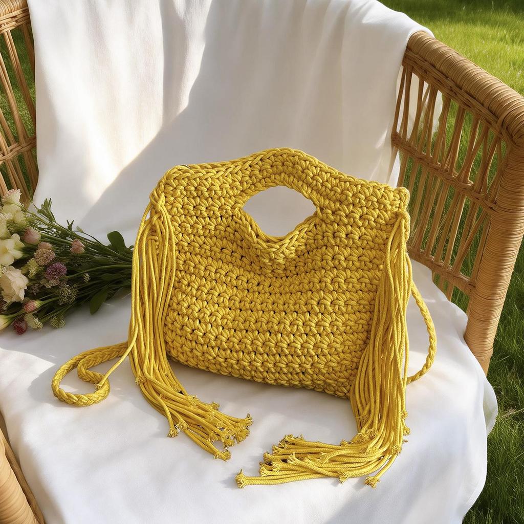 Yogodlns Knitted Tassel Bag New Summer Vacation Style Single Shoulder Diagonal Cross Woven Bag Fashionable Simple Women's Handbag