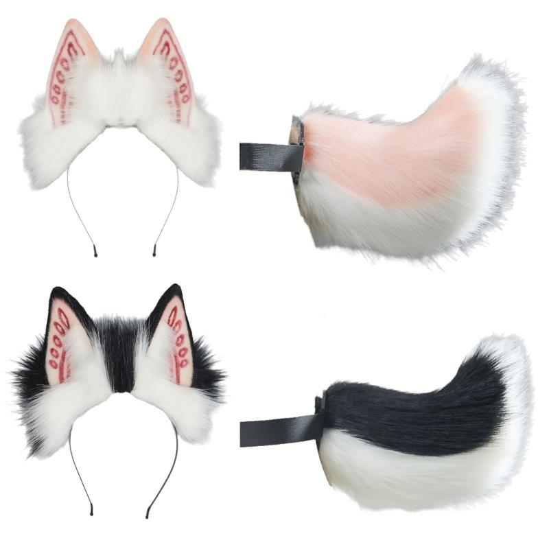 Faux Furs Bunnies Ears Headband Tail Animal Bunnies Costumes for Christmas Halloween Cosplay Party Costume Accessories