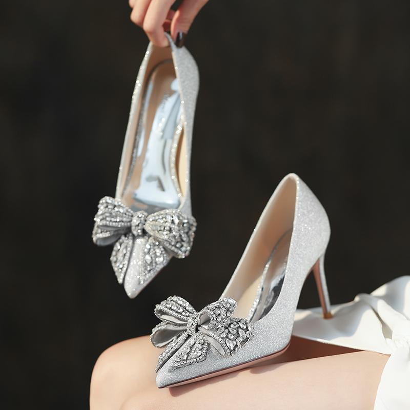 2025 New Silver Wedding Shoes Diamond-Bow Sequin High Heels Women'S Stiletto Bridal Shoes Dress Glass Shoes