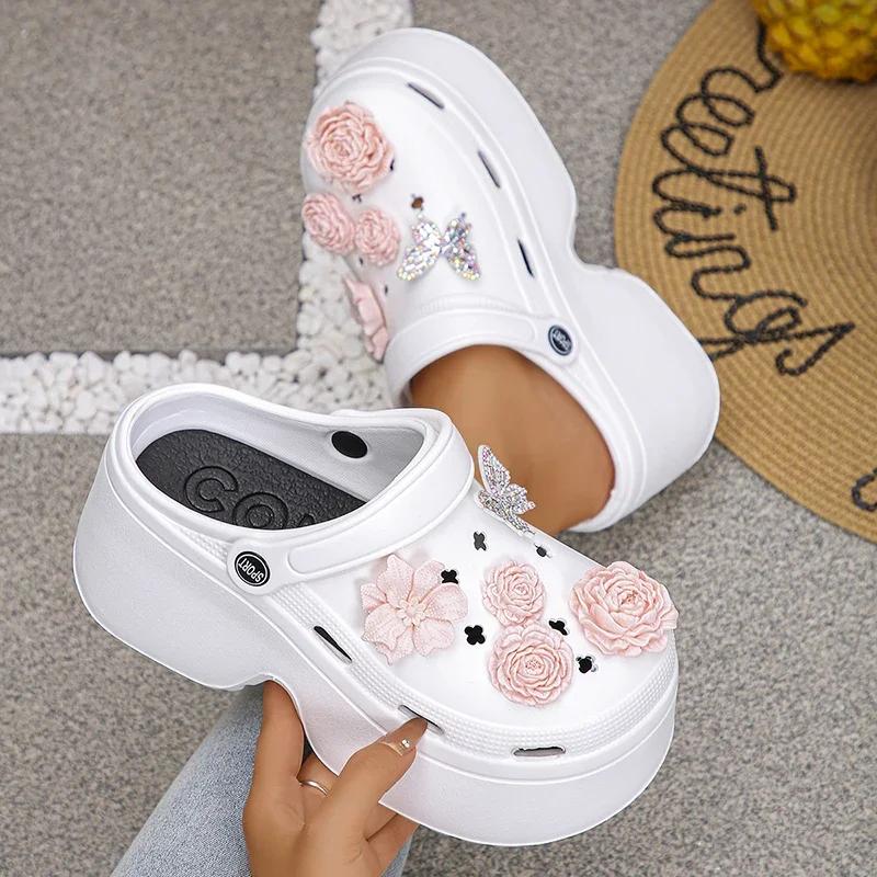 Fashion Chunky Platform Big Flower Clogs for Women Summer 2025 High Heels Soft Eva Sandals Woman Fashion Crystals Butterfly Wedges Shoes