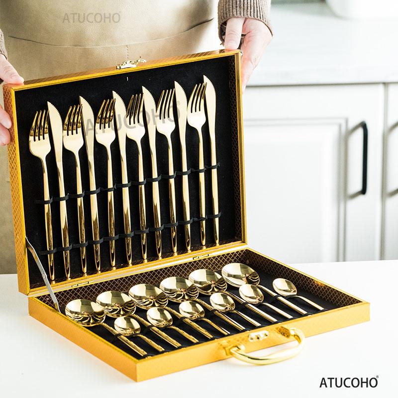 24PCS Cutlery Set Stainless Knife Fork Spoon Flatware Tableware Set Gold Gift Box Portable Dinnerware Dishwasher Kitchenware