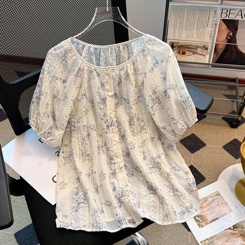 

Женская летняя хлопковая блузка с цветочным принтом, милая повседневная, с баской, круглым вырезом, коротким рукавом и пуговицами XXL синий