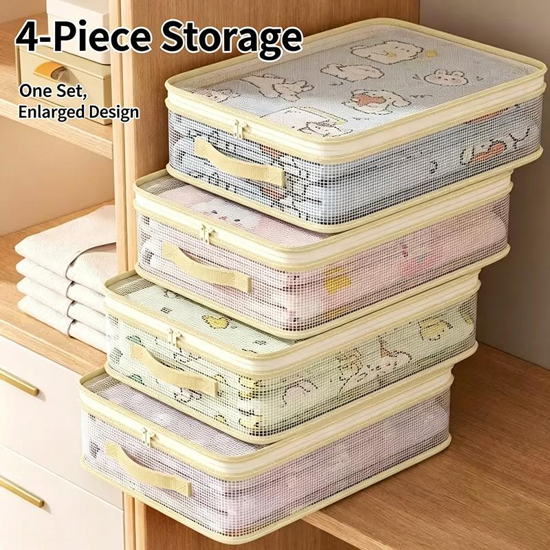 1/4Pcs Large Capacity Mesh Zipper Storage Bag - Clothing Household Bedding Four Piece Set Storage Bag, Clothing Organizing Box