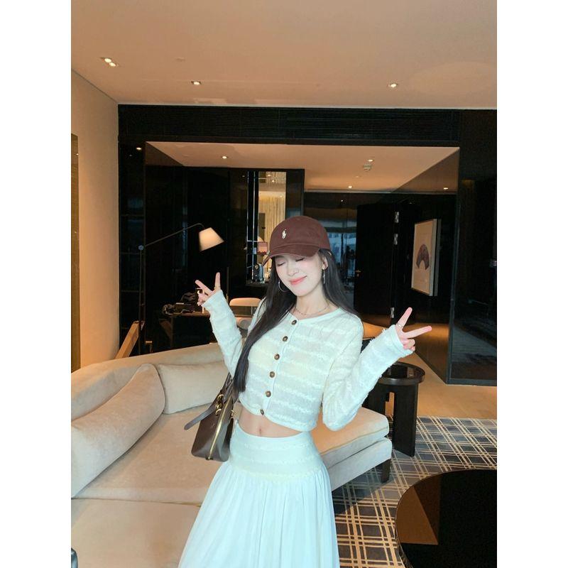 Kumikumi Sweet Style Suit Single-Breasted Long Sleeve Knitwear Women's Autumn High Waist Drooping Skirt Two-piece Set