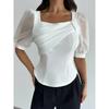 Summer New Style Women's Square Neck Mesh See-through Puff Sleeves Slim Fit Button Decorated Elegant Top