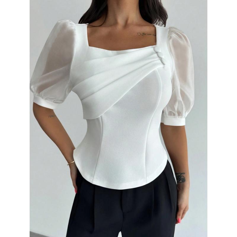 Summer New Style Women's Square Neck Mesh See-through Puff Sleeves Slim Fit Button Decorated Elegant Top