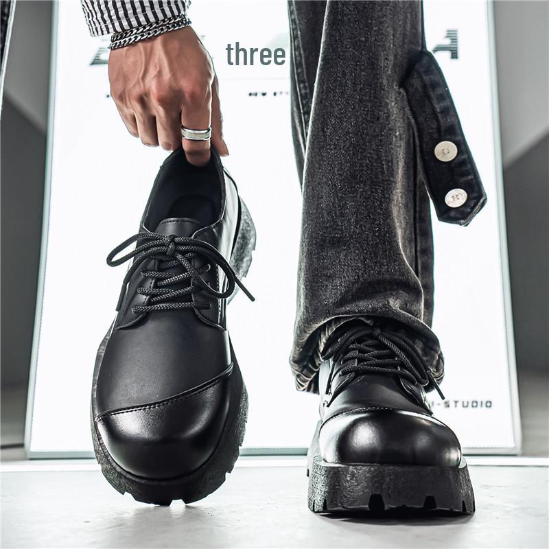 Men's British Style Height Increasing Derby Shoes - Black Leather, Thick Sole, Casual or Wedding Wear