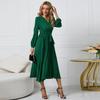 Spring and Autumn Women's Dress Solid Color Long Sleeve Slim Temperament Elegant Pleated Belt V-Neck Dresses