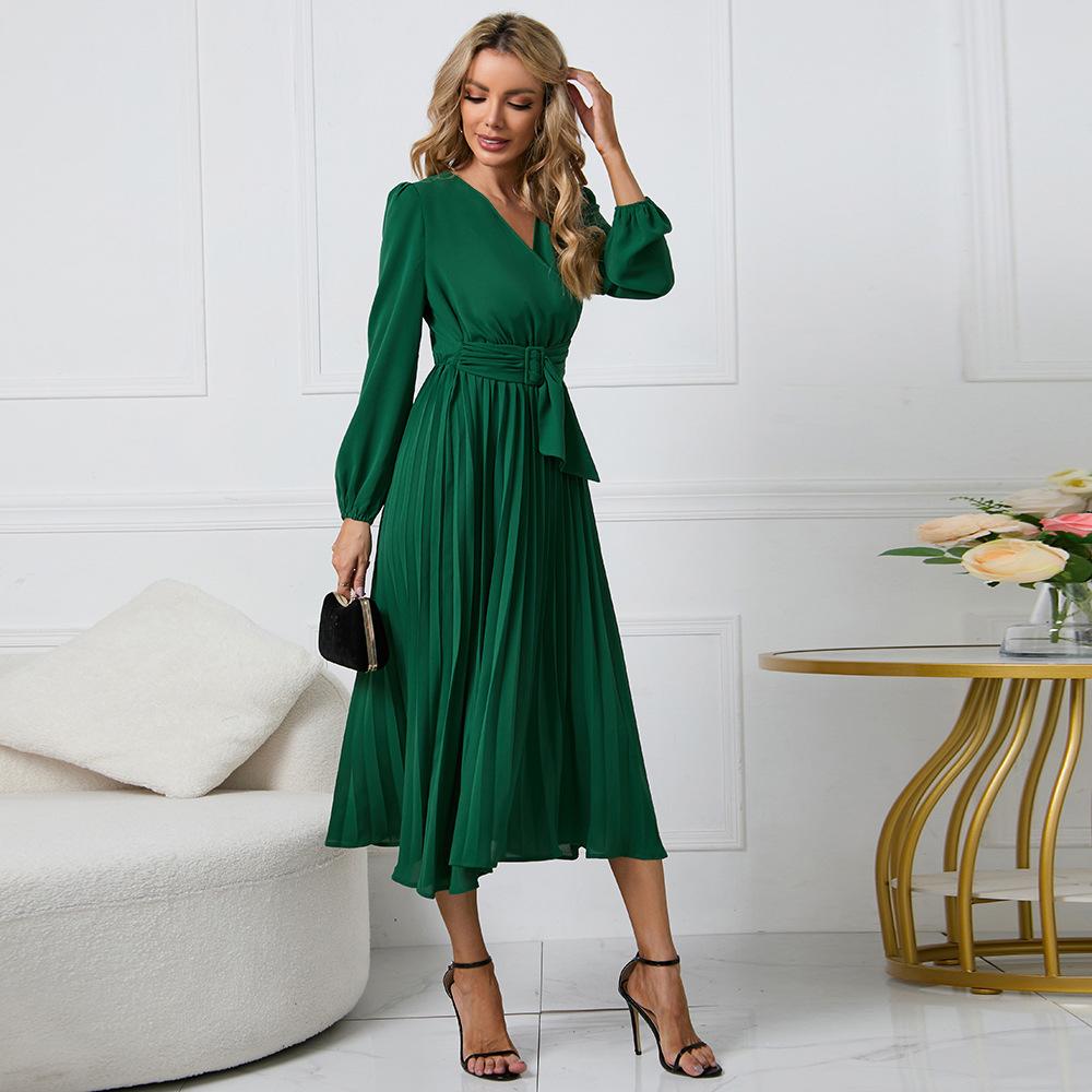 Spring and Autumn Women's Dress Solid Color Long Sleeve Slim Temperament Elegant Pleated Belt V-Neck Dresses
