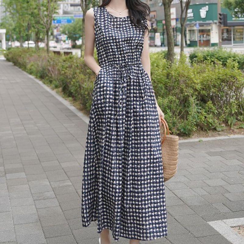 

K-style round Neck Plus Size Chubby Girl Print Shoelace Tight Waist Elegant Commute Leisure Sleeveless Mid-Length Vest Dress Dress Dress Navy blue(Figure) 3XL(Large size)