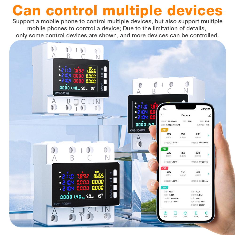 85-290V WiFi Stromzähler KWS-306WF Digitaler Energietester Strom Spannungsschutz Schalter Relais Farbbildschirm 3P Hutschiene Tisch