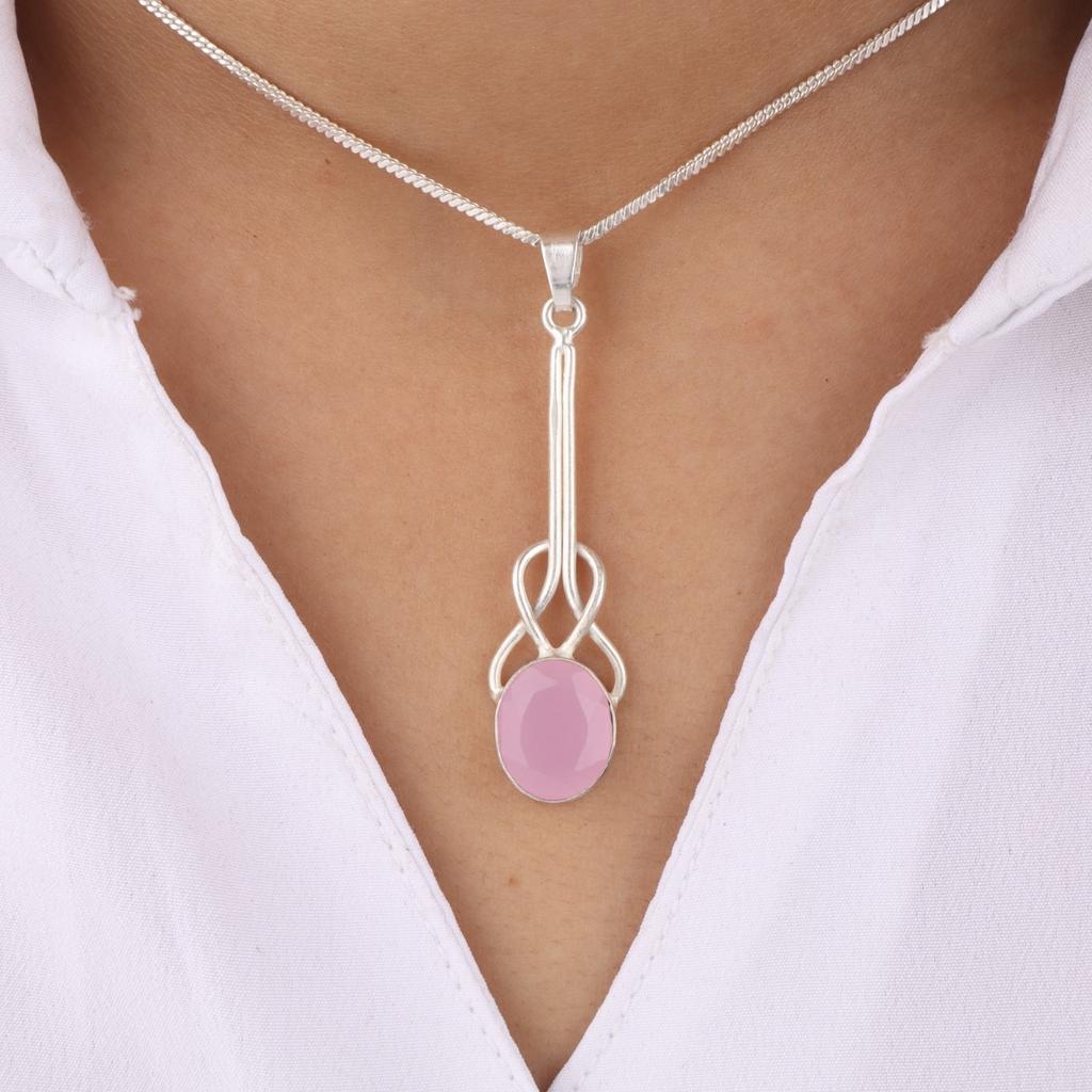 Rosenkalsedon Ädelsten 925 Sterling Silver Smycken Handgjort Hänge 1,79" PP-60-17