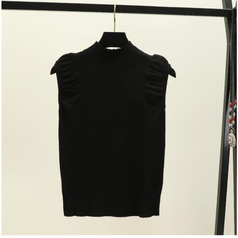 Summer New Simple Solid Color Semi-turtleneck Pleated Pullover Sweater Women Wear Sleeveless Vest Top