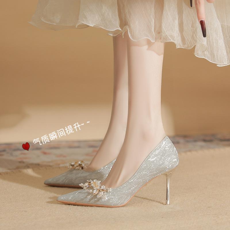860-6 High Heels Women's Stiletto 2025 New Crystal Bridal Wedding Shoes Pointed Wedding Dress Xiuhe Shallow Mouth Single Shoes