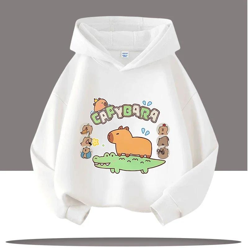 Jesienno-zimowa ciepła bluza z kapturem dla dzieci, pulower z kapibarą, bluza dla chłopców i dziewcząt, casualowy top dziecięcy z kreskówką