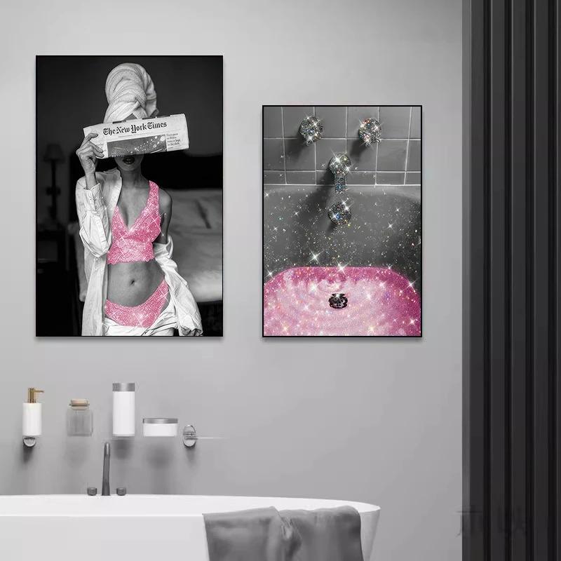 Black and Pink Toilet Posters Fashion Pink Woman Canvas Paintings And Prints HD Pictures For Washroom Bathroom Decor Frameless