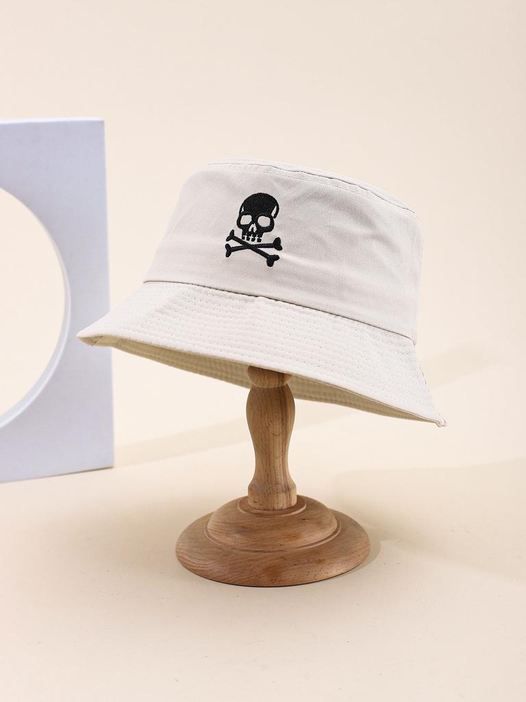 Unisex Black Embroidered Skull Fisherman Hat Korean Style Simple Single-Sided Bucket Hat for Women And Men Foldable Streetwear