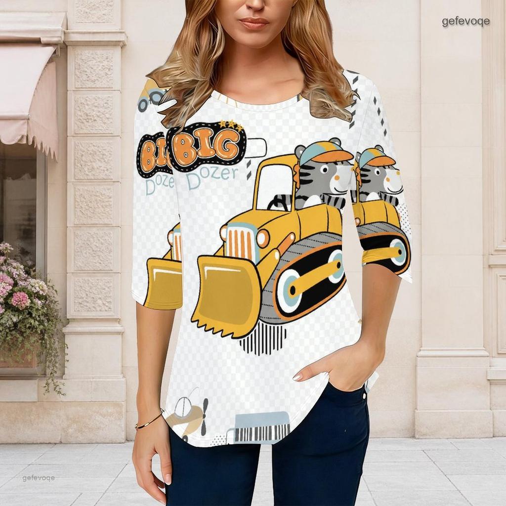 Women S Plus Size Round Neck Half Sleeve Printed T Shirt Black Gold Beige Curved Hem With Pockets