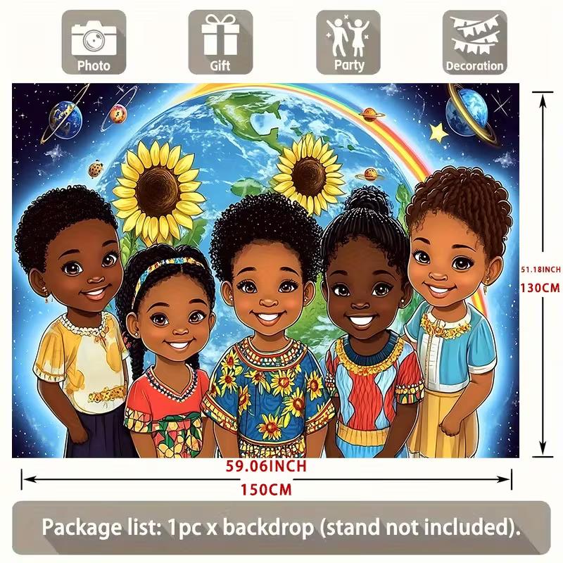 Space Themed Tapestry with Black Children, Earth Planets & Sunflower Print Wall Art for Nursery & Party Backdrop
