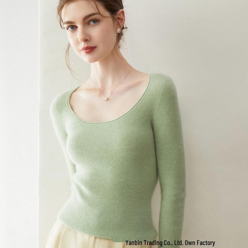 Women's Pure Cashmere U-Neck Slimming Pullover Sweater, Warm Long-Sleeved Knitted Base Layer