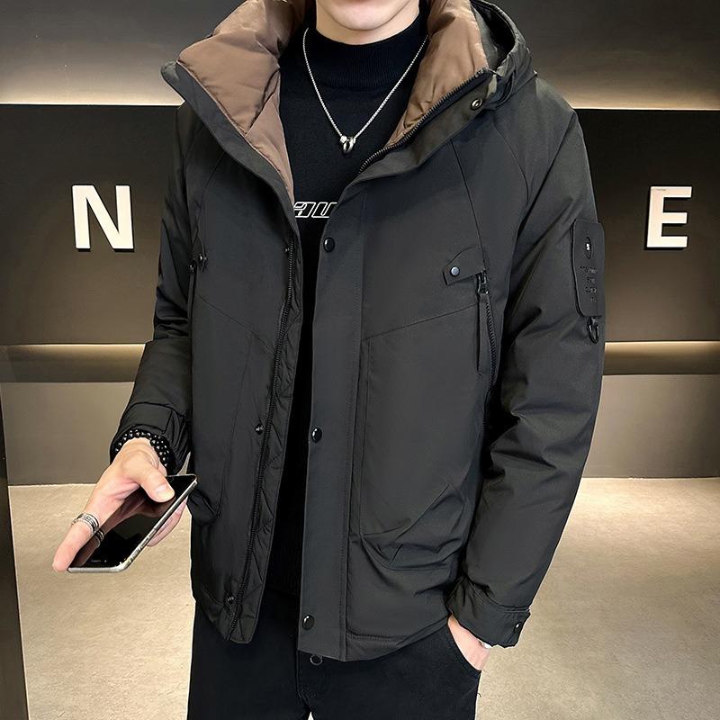 Winter new down jacket men's short hooded jacket short hooded tooling trendy brand white duck down thermal top men