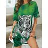 Women's Elegant White & Green Tiger Print Dresses Women's Short Sleeve Round Neck Sleep Dress Y2k Ladies Clothes Female Clothing