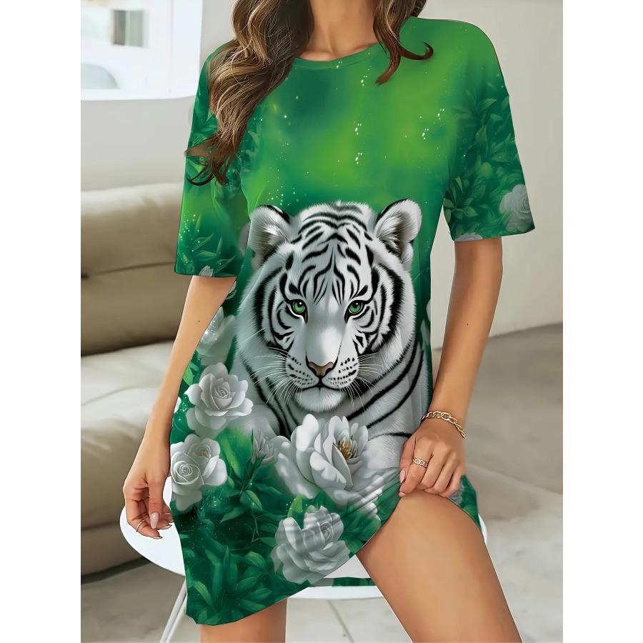 Women's Elegant White & Green Tiger Print Dresses Women's Short Sleeve Round Neck Sleep Dress Y2k Ladies Clothes Female Clothing