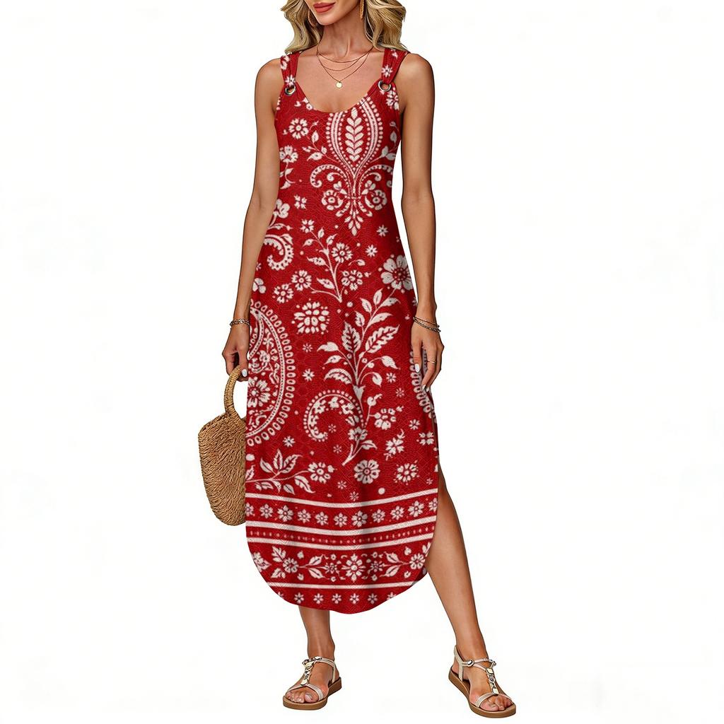 Women's Summer Long Dress, Sleeveless With Side Slits, Long Retro Printed Camisole Dress