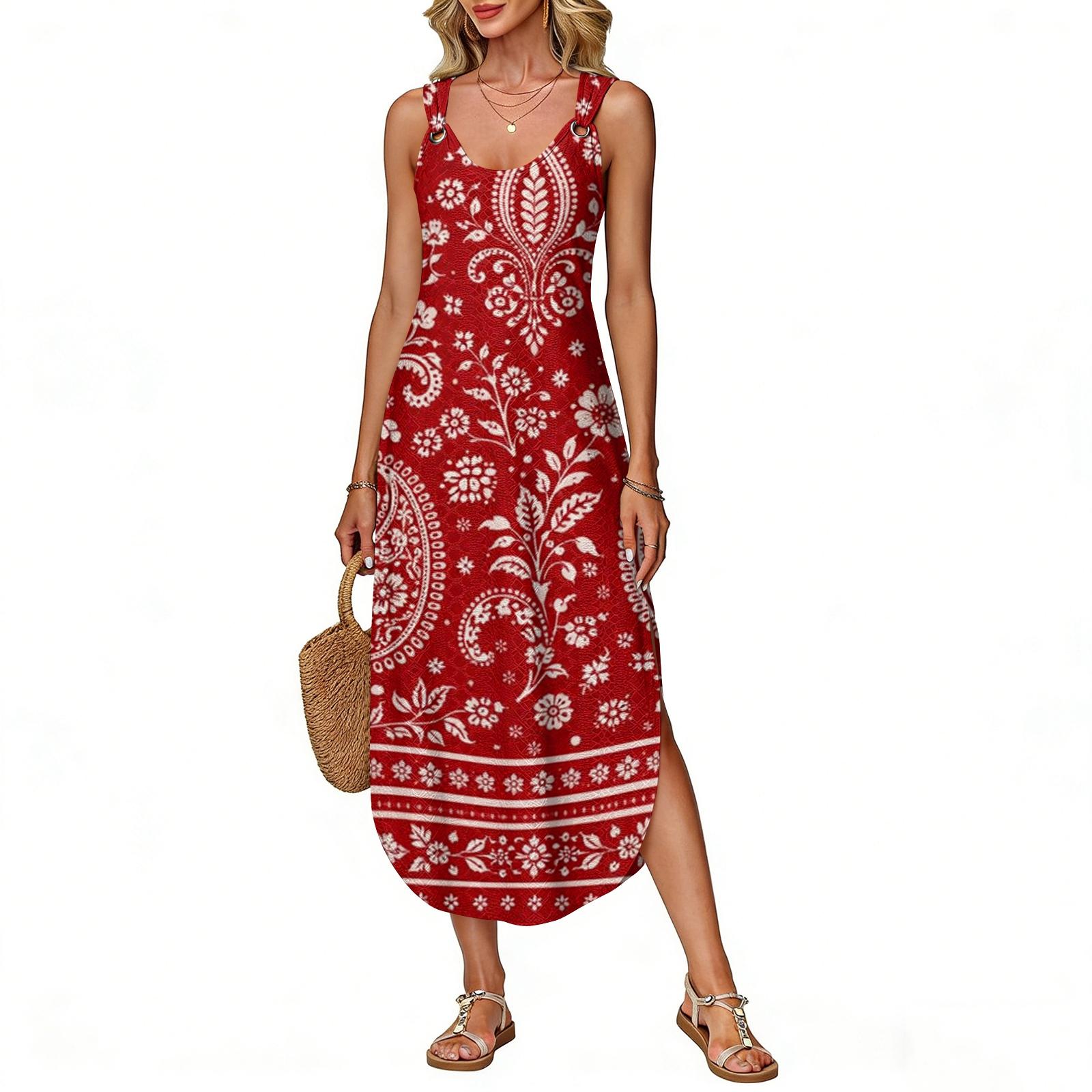 

Women s Summer Long Dress, Sleeveless With Side Slits, Long Retro Printed Camisole Dress XL червоний