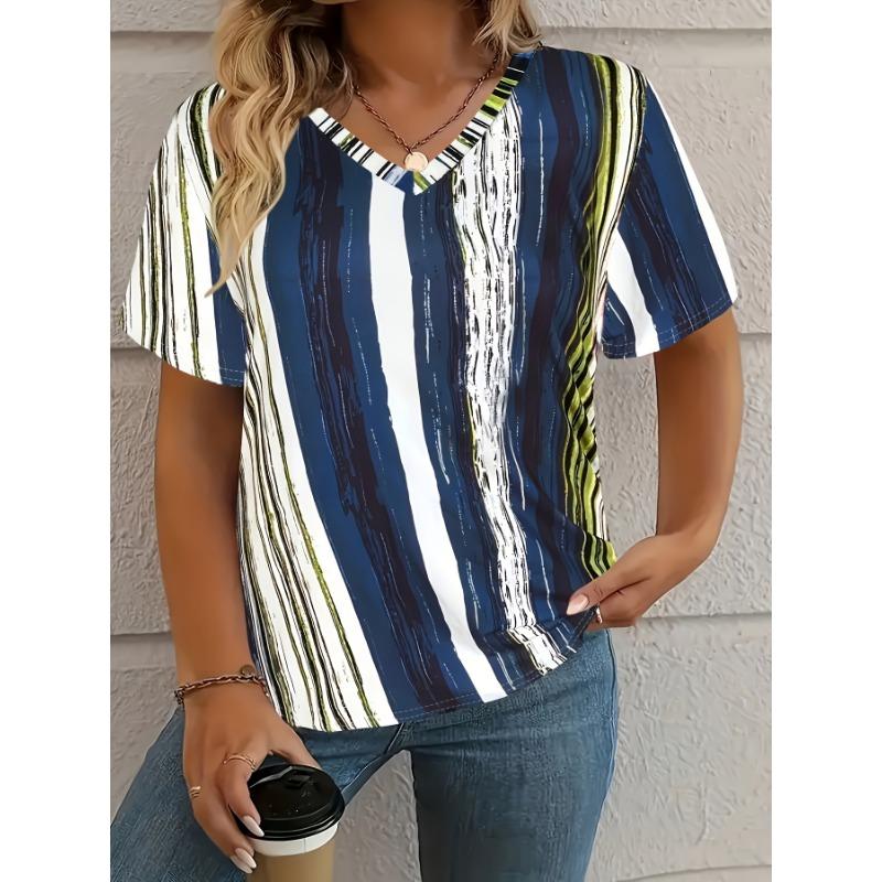 

Футболка женская летняя повседневная элегантная с v-образным вырезом и коротким рукавом в полоску, свободная повседневная женская футболка M