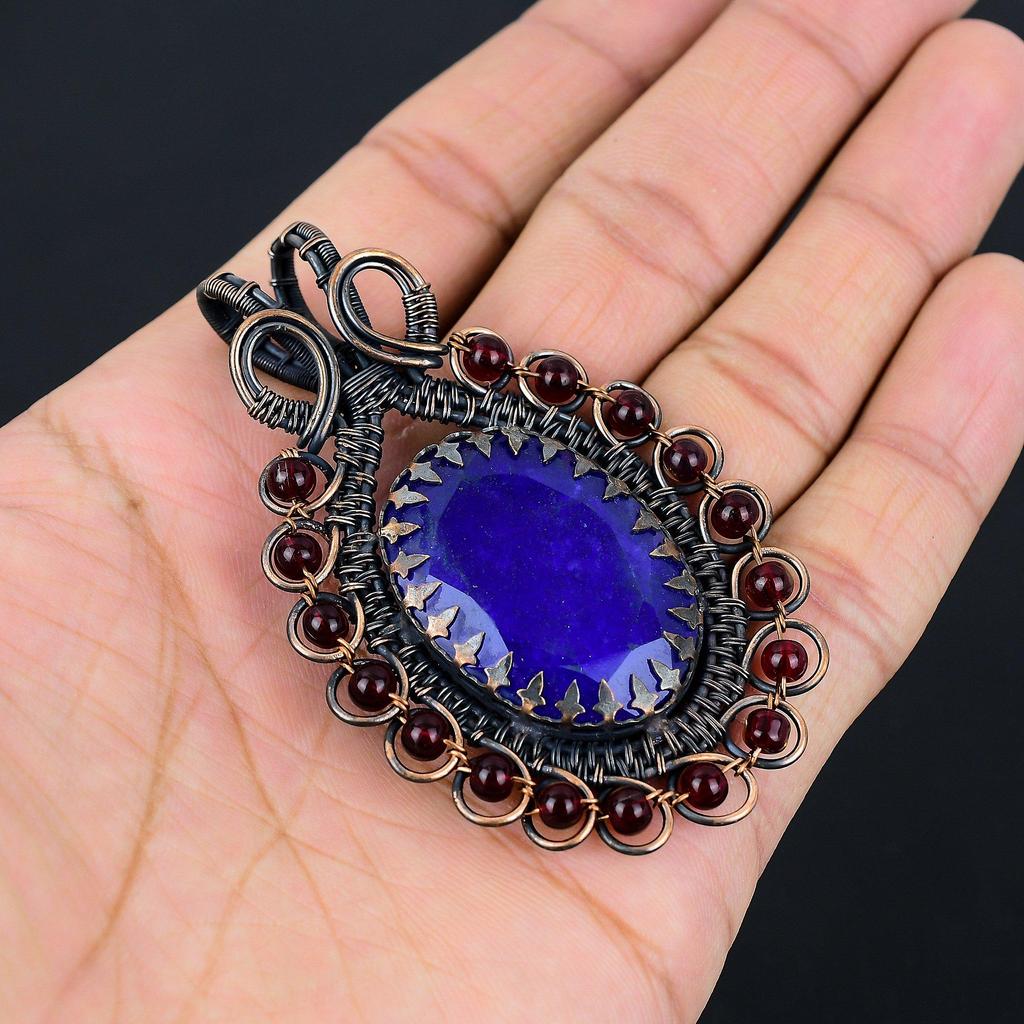 lab-Created Blue Sapphire Gemstone Pure Copper Wire Wrapped Handmade Pendant Jewelry
