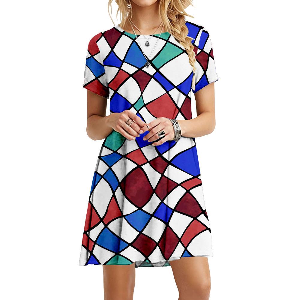 S-6XL Übergröße Mode Damen 3D Geometrischer Druck Kleid Lässig Rundhals Kurzarm Kleid Sommer Locker Mini Kurzes Kleid