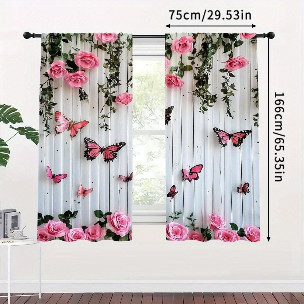 Schmetterling und Rose Verdunkelungsvorhänge 2 Stück – Schwarze Silhouette auf Rosa Blumigem Hintergrund, Romantische Schlafzimmer- oder Wohnzimmerdekoration