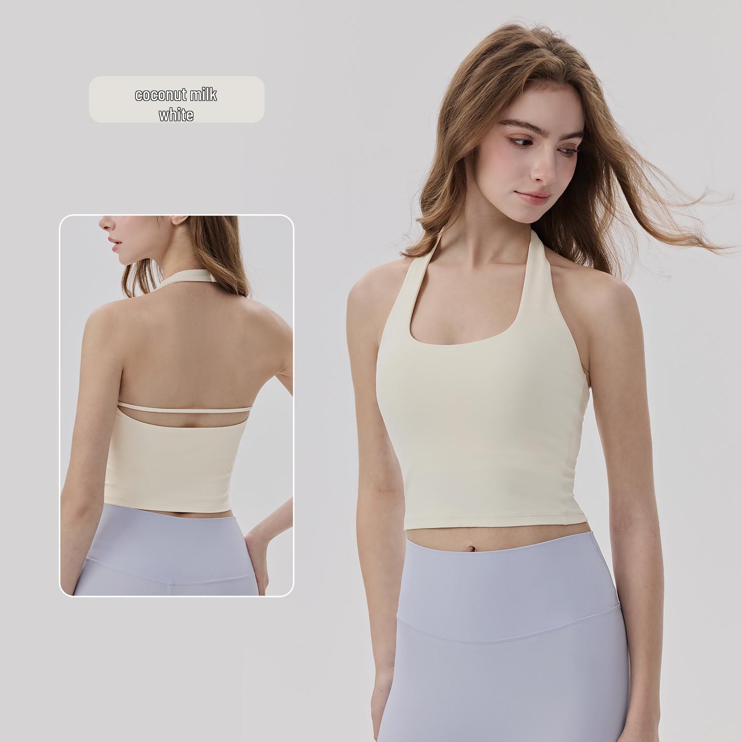 

Women s Halter Neck Yoga Tank with Chest Pads - Breathable, Sleeveless Lycra Fitness Top Medium кокосовий/білий