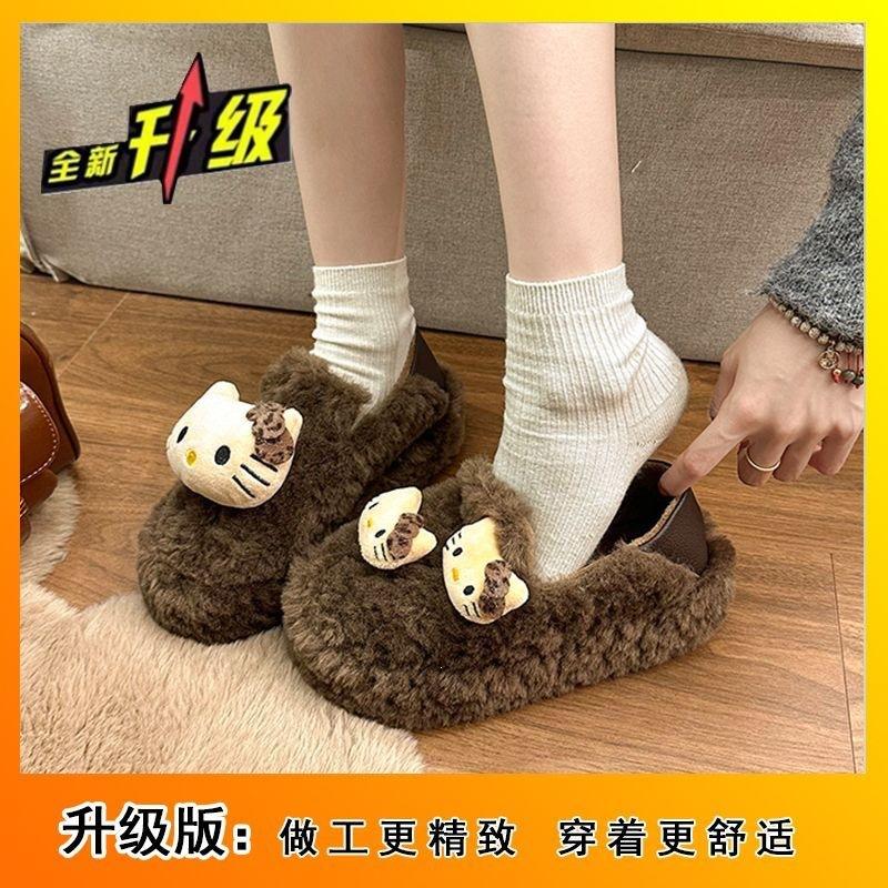 New fashionable and cute cartoon KT cat platform bag heel fluffy shoes women's versatile velvet warm snow cotton shoes
