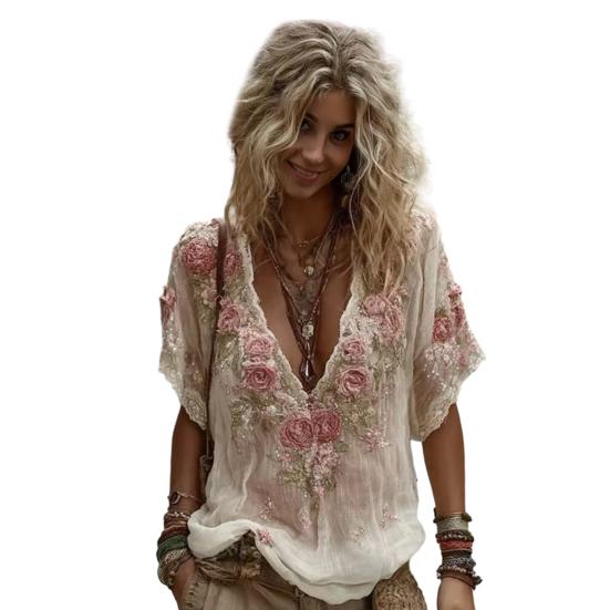 Women Tops 3D Printed Imitation Jacquard V-Neck Short Sleeve Loose Fit Soft Breathable Summer Shirt Daily Wear