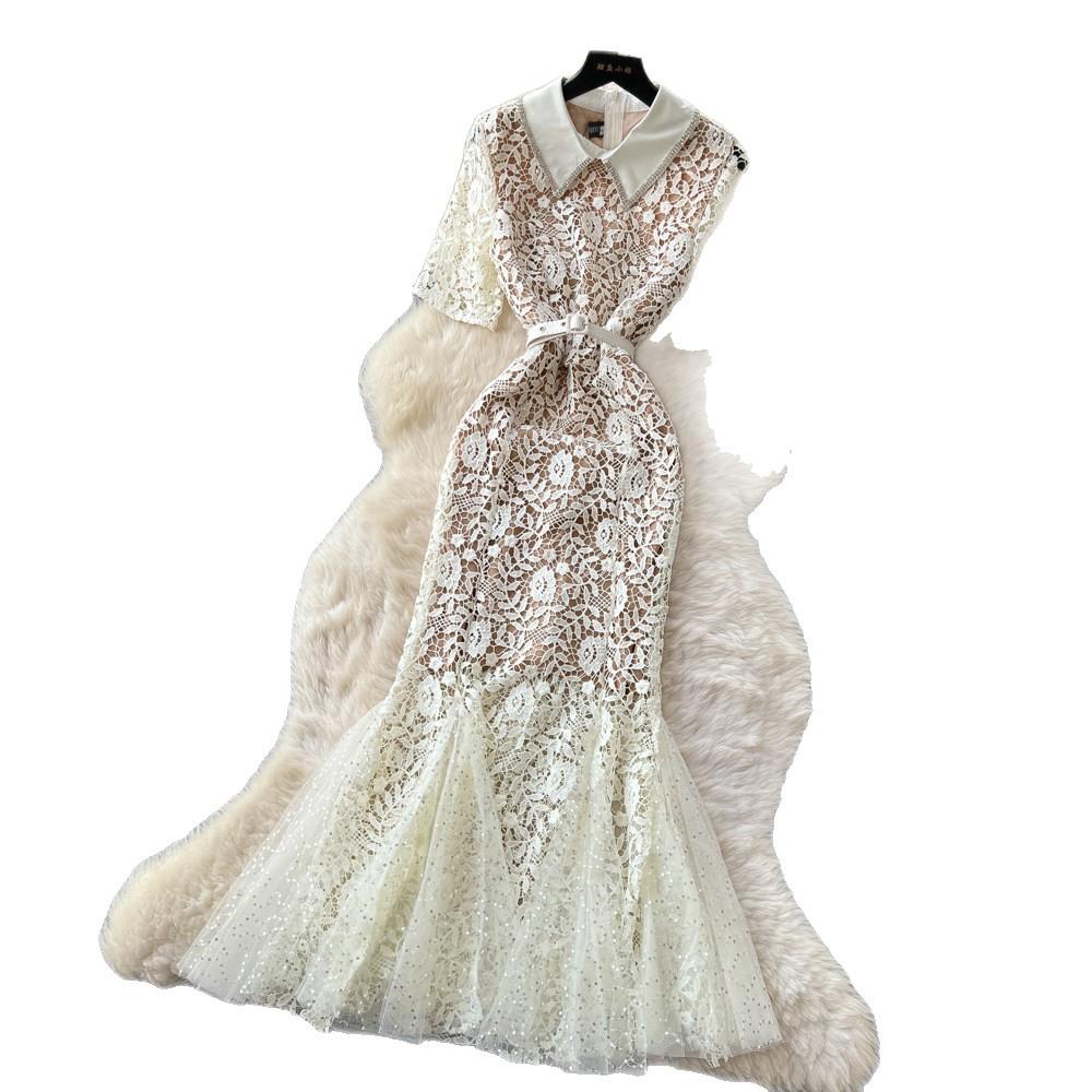 Elegant Temperament Lace Lapel Dress Women's Summer Waist Thin Fishtail Skirt Big Swing Commuting Apricot Short-sleeved Skirt