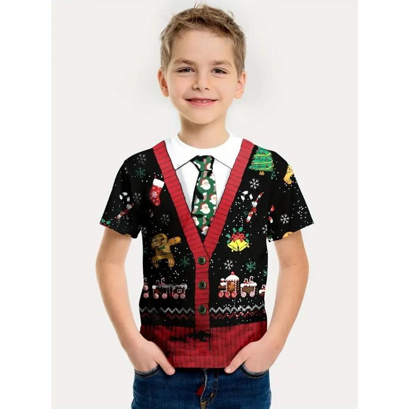 Summer Round Neck 3D False Two-piece Printed Top Role Playing Costume Fashionable Casual Short Sleeved Children's Boy T-shirts