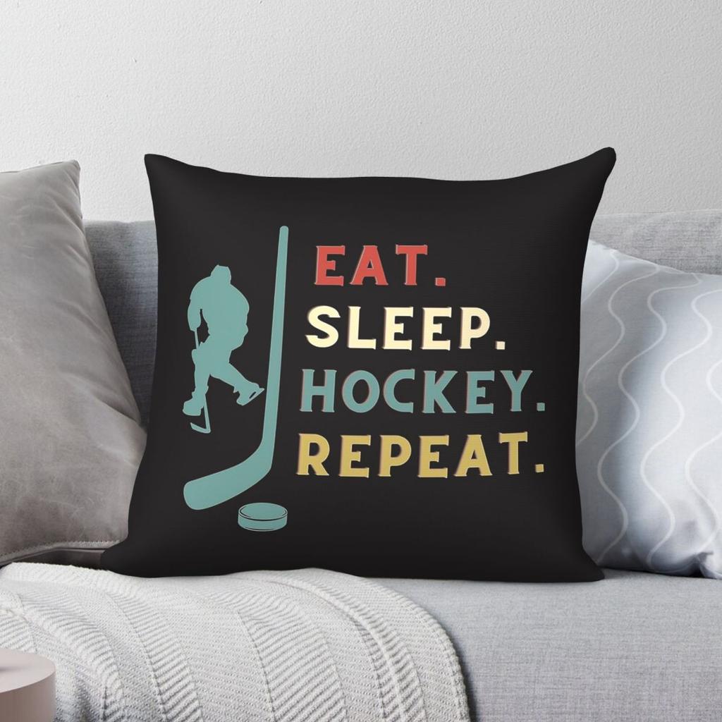 Eat Sleep Hockey Repeat Square Pillowcase Polyester Linen Velvet Pattern Zip Decorative Bed Cushion Cover