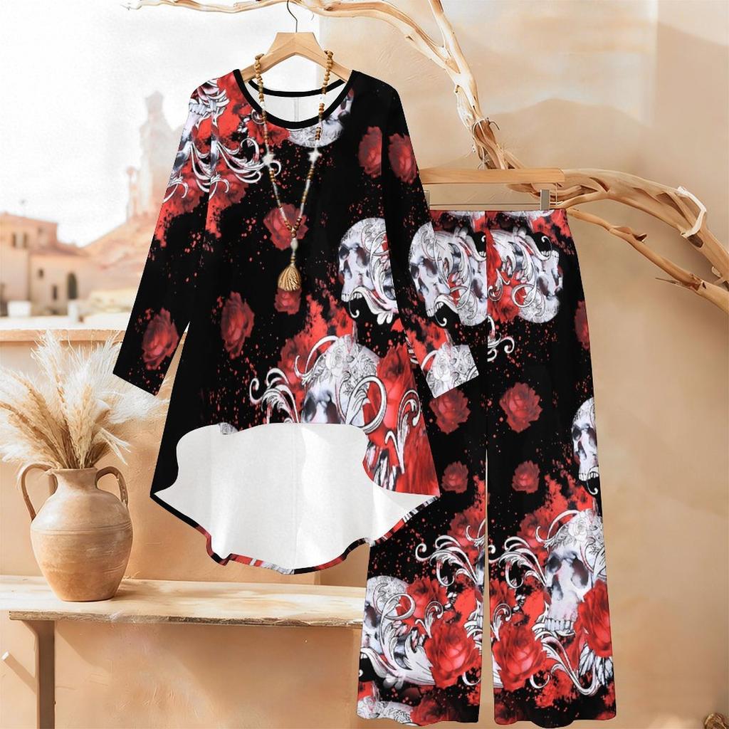 Halloween Print Two Piece Outfit Women Long Sleeve Irregular Hem Tunic Top Wide Leg Pants Casual Matching Set