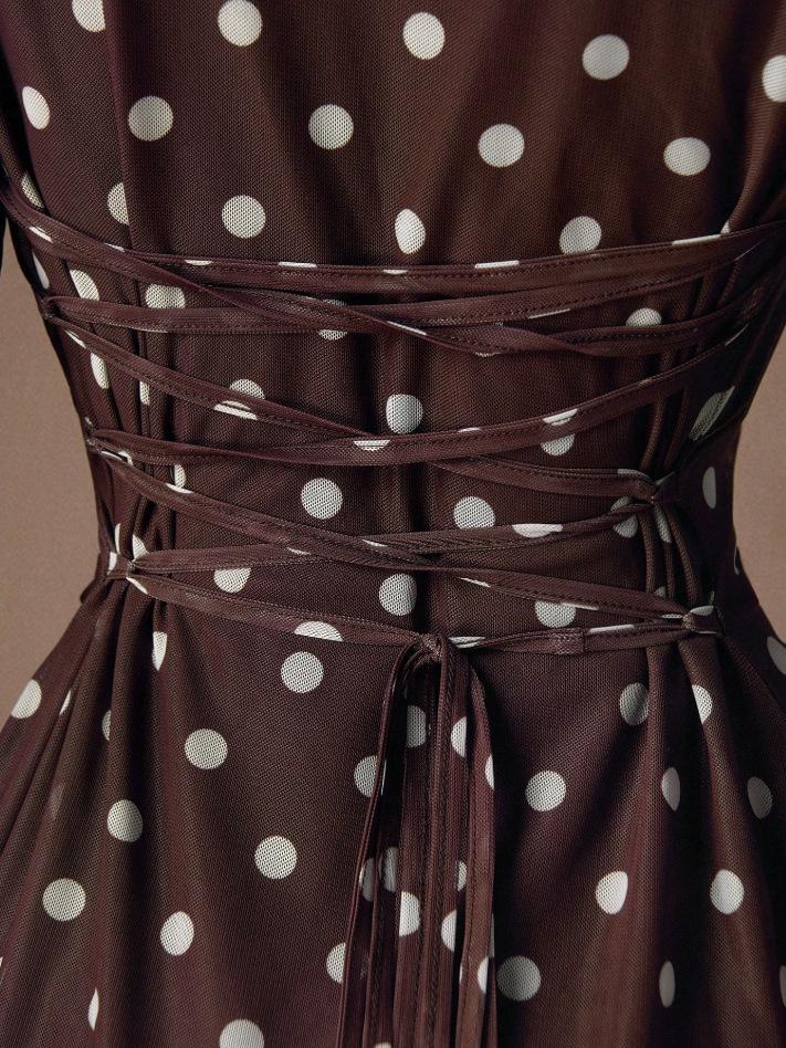 Spring 2026 Retro Polka Dot Mesh Lace-up Slimming Long Sleeve Women's Dress