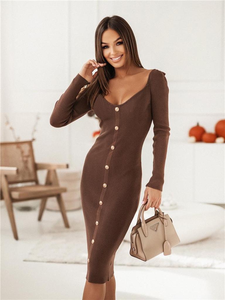 2024 Trendy Autumn Long Sleeve U-Neck Women's Dress